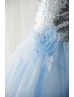 Silver Sequin Blue Tulle V Back Butterfly Flower Girl Dress